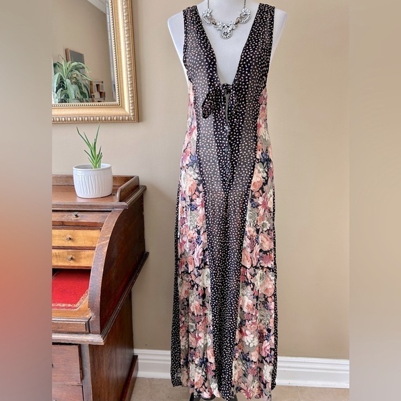 Vintage 80s Boho Floral Chiffon Wide Leg Jumpsuit Sleeveless Deep V Front Size S - Picture 2 of 11